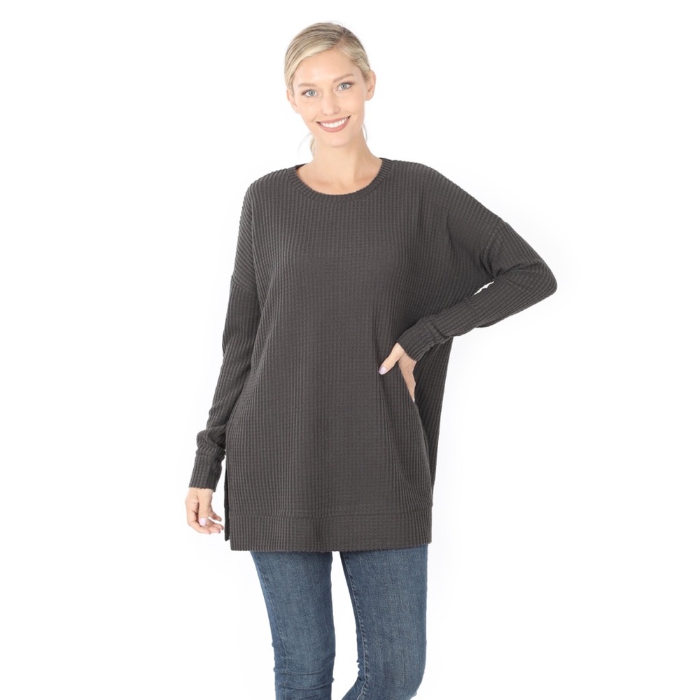Waffle knit top in Ash Grey